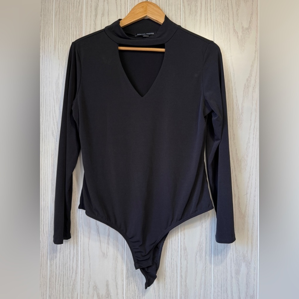 Boston Proper Long Sleeve Cutout Mock Neck Bodysuit Black Size L LNC